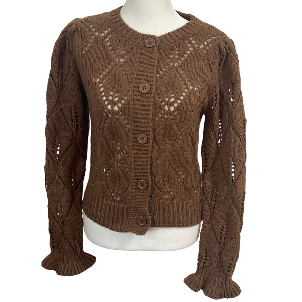 ASTR Pointelle Knit Cardigan Sweater Size XS Brown Layering Cottagecore Bohemian